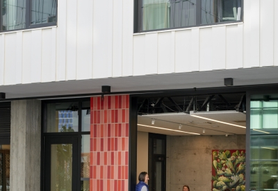 Courtyard connecting to the community room inside La Fénix at 1950, affordable housing in the mission district of San Francisco.