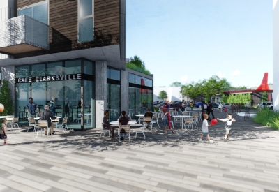 Exterior rendering showing ground-floor retail and outdoor seating for 26th and Clarksville in Nashville, Tennessee. 