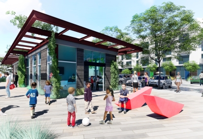 Exterior rendering of the common building plaza for 26th and Clarksville in Nashville, Tennessee. 
