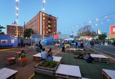 Pallet seating and garden beds at SPARC-It-Place on the future site for 34th and San Pablo Affordable Family Housing in Oakland, California.