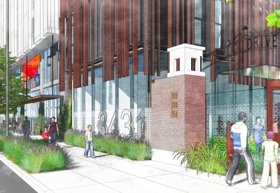 Exterior rendering of the entry to 34th and San Pablo Affordable Family Housing in Oakland, California.