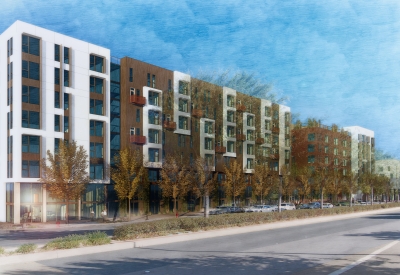 Exterior rendering of the 11th Street elevation for Windflower II in Union City, California.