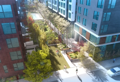 Aerial rendering of the pedestrian greenway at Windflower II in Union City, California.