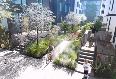 Exterior rendering of the pedestrian greenway at Windflower II in Union City, California.