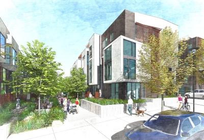Exterior rendering of the pedestrian walkway for the The Grove in Durham, North Carolina.