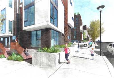 Exterior rendering of street corner for The Grove in Durham, North Carolina.