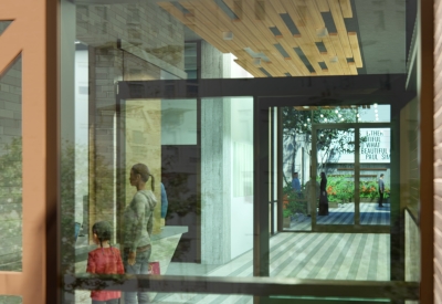 Rendering of the lobby looking into the courtyard at 555 Larkin in San Francisco.