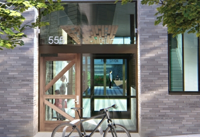 Exterior rendering of the entrance to the courtyard at 555 Larkin in San Francisco. 