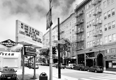 Sign at previous 555 Larkin location that states "We have to be better. We have to love more and hate less. Listen more and talk less. - Megan Rapinoe"