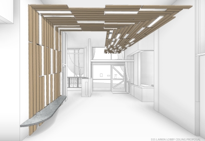 Digital view of the entrance lobby at 555 Larkin in San Francisco.