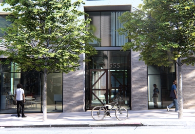 Exterior rendering of the entrance to 555 Larkin in San Francisco. 