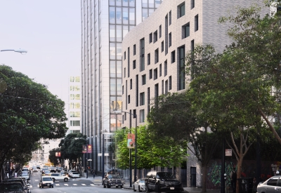 Exterior Rendering looking north of 555 Larkin in San Francisco.