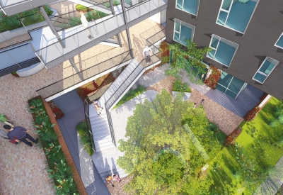 Aerial rendering of the courtyard for 355 Sango Court in Milpitas, Ca.