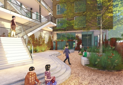 Rendering of the courtyard for 355 Sango Court in Milpitas, Ca.