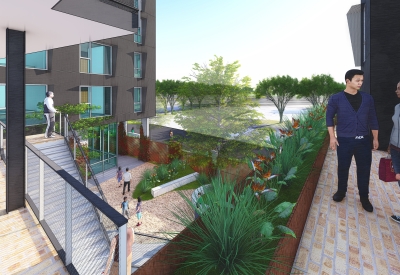 Rendering of the courtyard from the second level for 355 Sango Court in Milpitas, Ca.