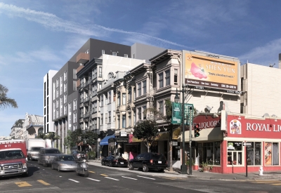 Exterior rendering of 1567 California from Polk Street in San Francisco, California. 