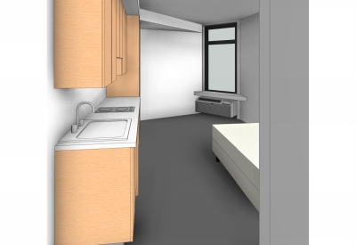 Model of unit interior forTahanan Supportive Housing in San Francisco.