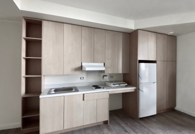 Kitchen inside the mod during construction for Tahanan Supportive Housing in San Francisco.