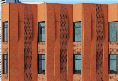 Detail of the weathering steel facade at Tahanan Supportive Housing in San Francisco.