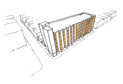 Sketch of bay windows for Tahanan Supportive Housing in San Francisco.