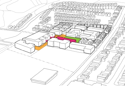 Diagram showing clustered community uses for Midway Village Framework Plan in Daly City, Ca.