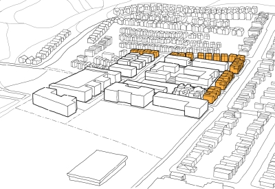 Diagram showing low-scale housing at site edge to match neighborhood context for Midway Village Framework Plan in Daly City, Ca.