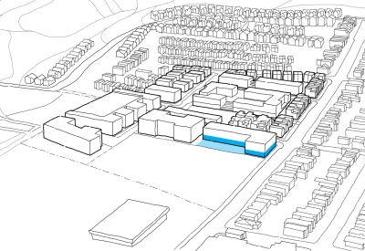 Diagram showing new location of child-care center for Midway Village Framework Plan in Daly City, Ca.