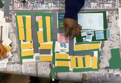 Overhead photo of a site planning exercise for Midway Village Framework Plan in Daly City, Ca.