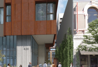 Exterior rendering of the entry court for 420 Mendocino in Santa Rosa, California.