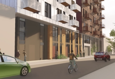 Exterior rendering from Riley street for 420 Mendocino in Santa Rosa, California.