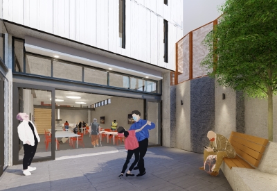 Rendered courtyard of Jazzie Collins, affordable supportive housing in San Francisco