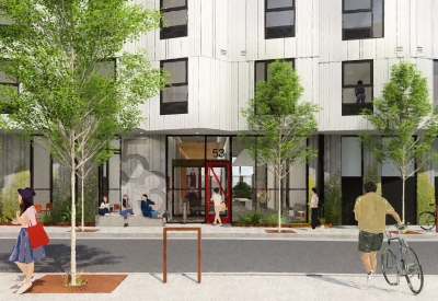 Rendered view of the building entrance at Jazzie Collins in San Francisco