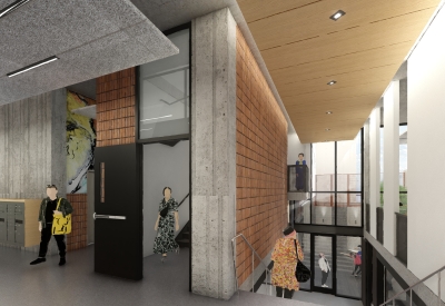 Rendered view of the corridor at Jazzie Collins in San Francisco