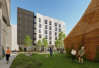 Rendered view from Mazzola Gardens of Jazzie Collins, affordable supportive housing in San Francisco.