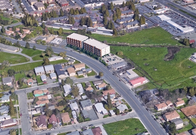 Rendered aerial showing the building for Blue Oak Landing in Vallejo, California.