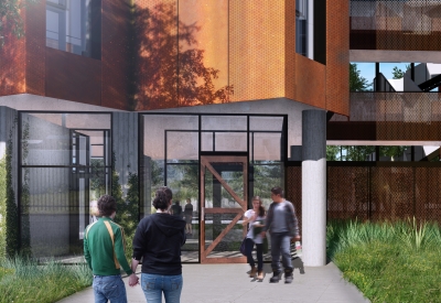 Rendering view of the entry plaza, residential front door, and transparent lobby. 