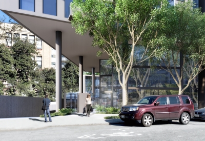 Exterior rendering of the entry to 600 McAllister in San Francisco.