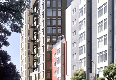 Exterior rendering of 00 McAllister looking down Franklin Street in San Francisco.