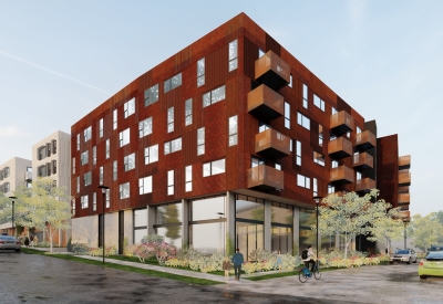 Exterior rendering of the corner of Mercury Courts in Nashville, Tennessee.