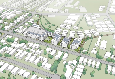 Aerial rendering of Colibrí Commons in East Palo Alto, California.