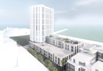 Aerial rendering of Tidal House in Treasure Island, San Francisco, Ca.