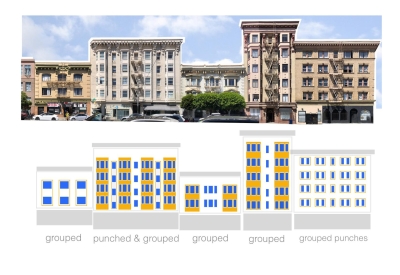 Diagram of historic window typology for 1101 Sutter in San Francisco.