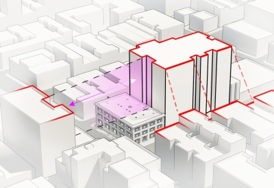 Massing diagram showing 1101 Sutter in relation to surrounding buildings.