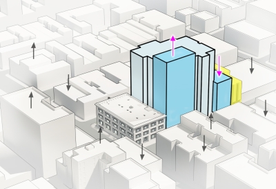 Massing diagram showing 1101 Sutter in relation to surrounding buildings various heights.
