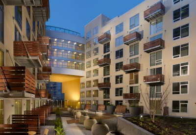 Rincon Green courtyard at dusk in San Francisco.