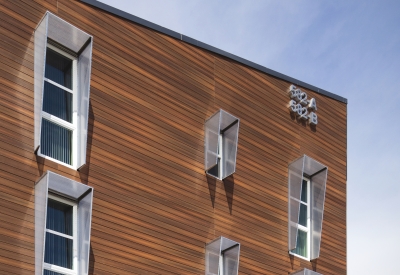 View of the building detail at Rocky Hill Veterans Housing in Vacaville, California.