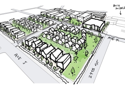 Aerial Sketch for Ensley Mixed-Use Neighborhood in Birmingham, Alabama.