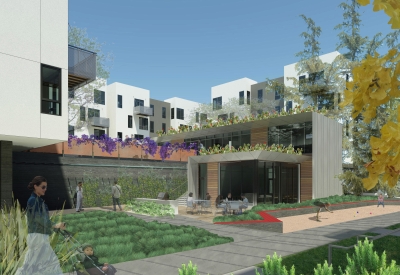 Rendered view of the courtyard inside Five88 in San Francisco 