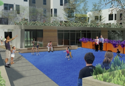 Rendered view of the courtyard inside Five88 in San Francisco 