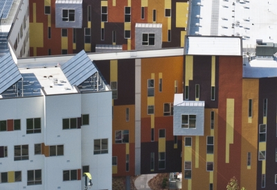 View of entry and courtyard from above of Armstrong Place Senior in San Francisco.